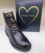 Load image into Gallery viewer, Marco Tozzi Ladies Black Ankle Boot - Laced with Leopard Panel Detail - 25238
