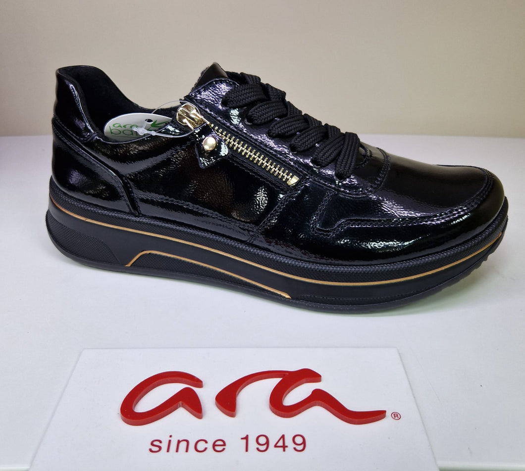 Ara Ladies Black Patent Laced and ZIp Shoe - Gold Details - 27540 81