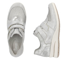 Load image into Gallery viewer, Rieker Ladies Silver Low Wedge Trainer - Velcro Fastening - L4868
