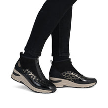 Load image into Gallery viewer, Rieker Ladies Front Zip Ankle Boot - Black and Metallic Print - N9362 00
