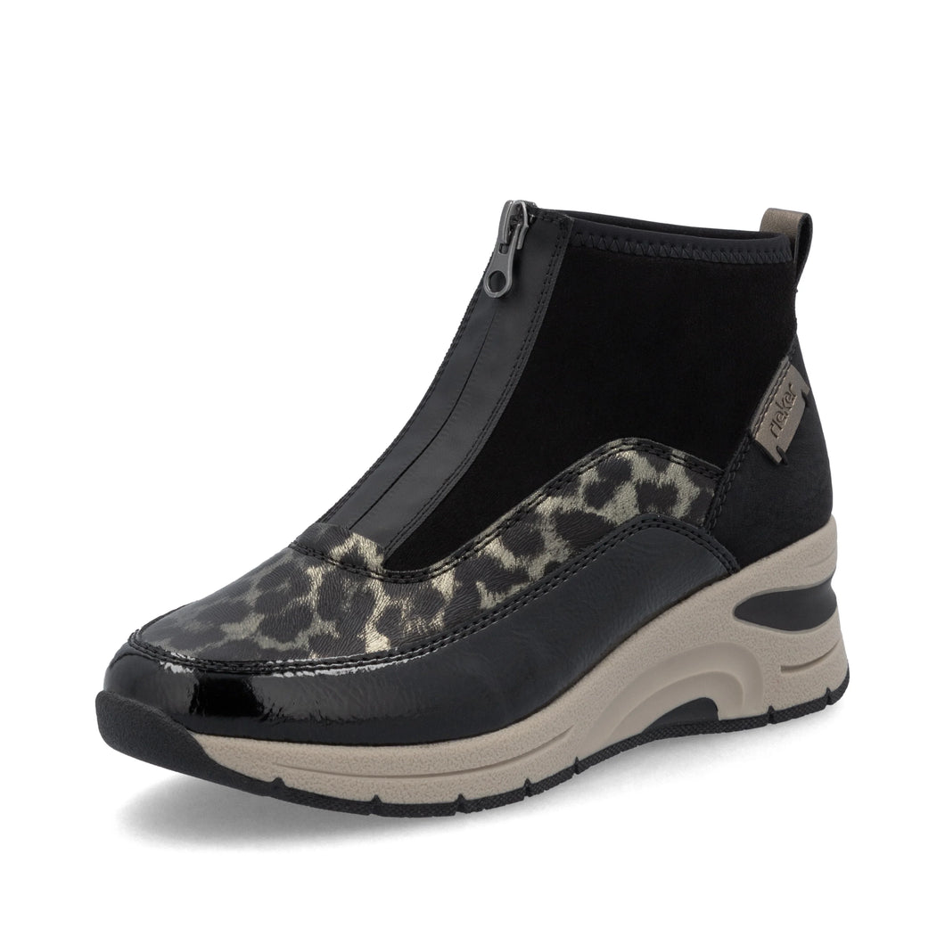 Rieker Ladies Front Zip Ankle Boot - Black and Metallic Print - N9362 00