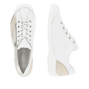 Remonte Ladies White Casual Shoe with Gold Accents - Lace and Zip Fastening - R3410