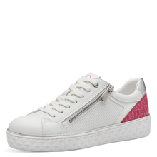 Load image into Gallery viewer, Marco Tozzi Ladies White Smart Trainer - Lace and Zip Fastening - Hot Pink Detail at Heel - 23709
