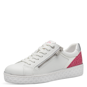 Marco Tozzi Ladies White Smart Trainer - Lace and Zip Fastening - Hot Pink Detail at Heel - 23709