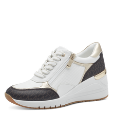 Load image into Gallery viewer, Marco Tozzi Ladies White Wedge Laced and Zip Fastening Trainer Style - Khaki and Metallic Details -
