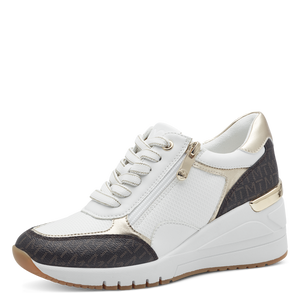 Marco Tozzi Ladies White Wedge Laced and Zip Fastening Trainer Style - Khaki and Metallic Details -