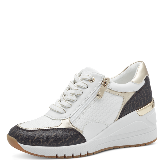 Marco Tozzi Ladies White Wedge Laced and Zip Fastening Trainer Style - Khaki and Metallic Details -