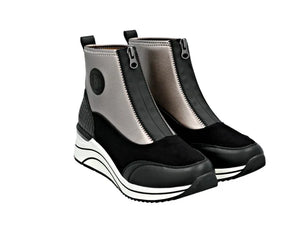 Remonte Ladies Black and Gunmetal Panel Front Zip Boot - D0T78 03