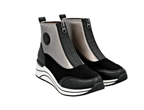 Remonte Ladies Black and Gunmetal Panel Front Zip Boot - D0T78 03