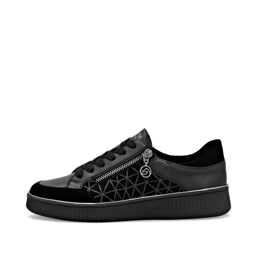 Remonte Ladies Smart All Black Trainer - Lace and Zip - D2E04 00