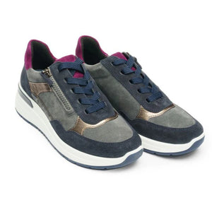 Ara Ladies Navy Steel Smart Casual Shoe - Laced and Zip - 57702 22