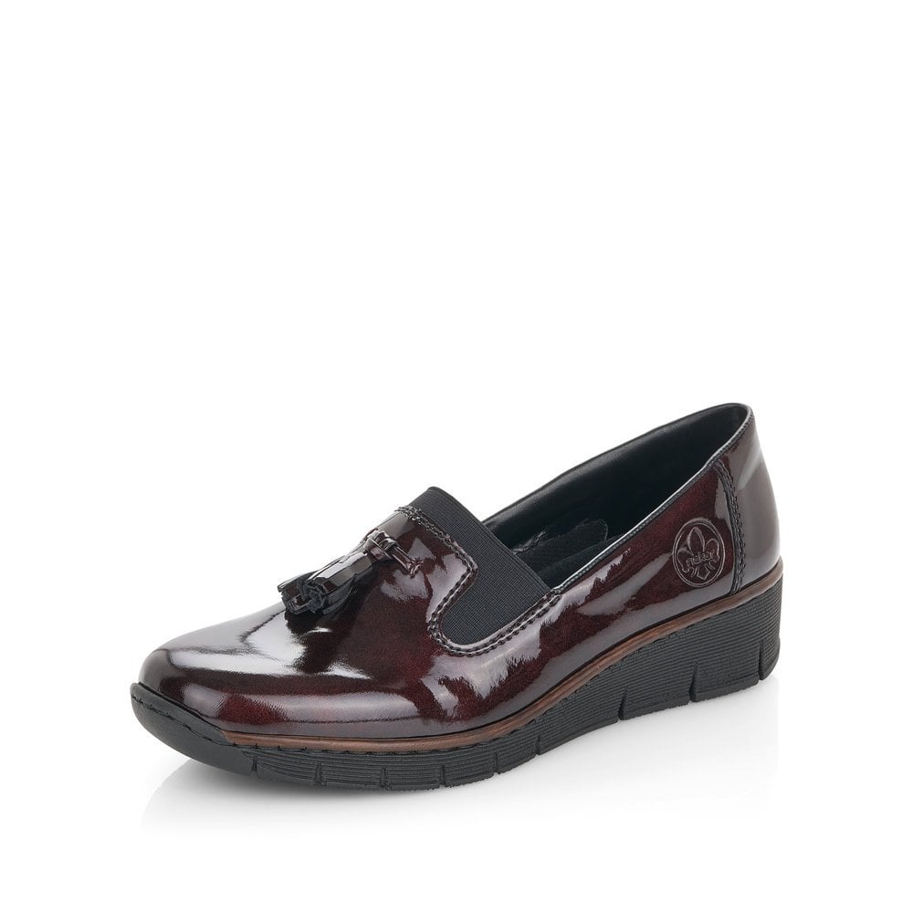 Rieker Ladies Loafer Low Wedge - Wine Patent - 53751