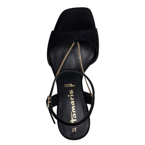 Tamaris Ladies Black Sandal with Gold Chain Trim - High Heel