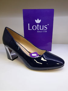 Lotus Ladies Navy Patent Court - Silver Trim At Heel