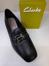 Load image into Gallery viewer, Clarks Ladies Black Leather Loafer with Metal Leather Trim

