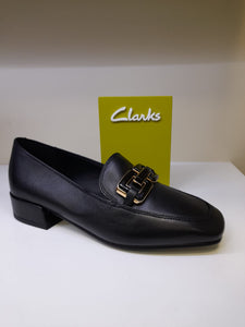 Clarks Ladies Black Leather Loafer with Metal Leather Trim